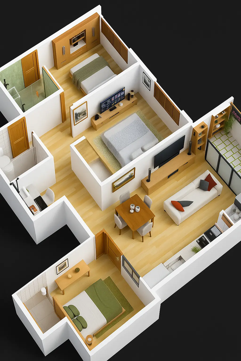 Visualización axonométrica de la propuesta de distribución para el Apartamento Flor