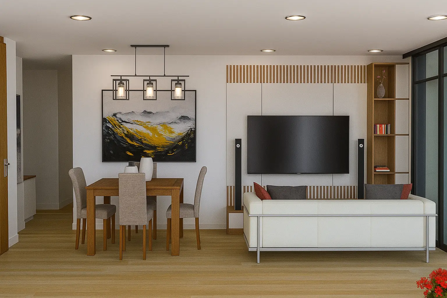 Visualización digital de la relación entre sala y comedor en el Apartamento Flor