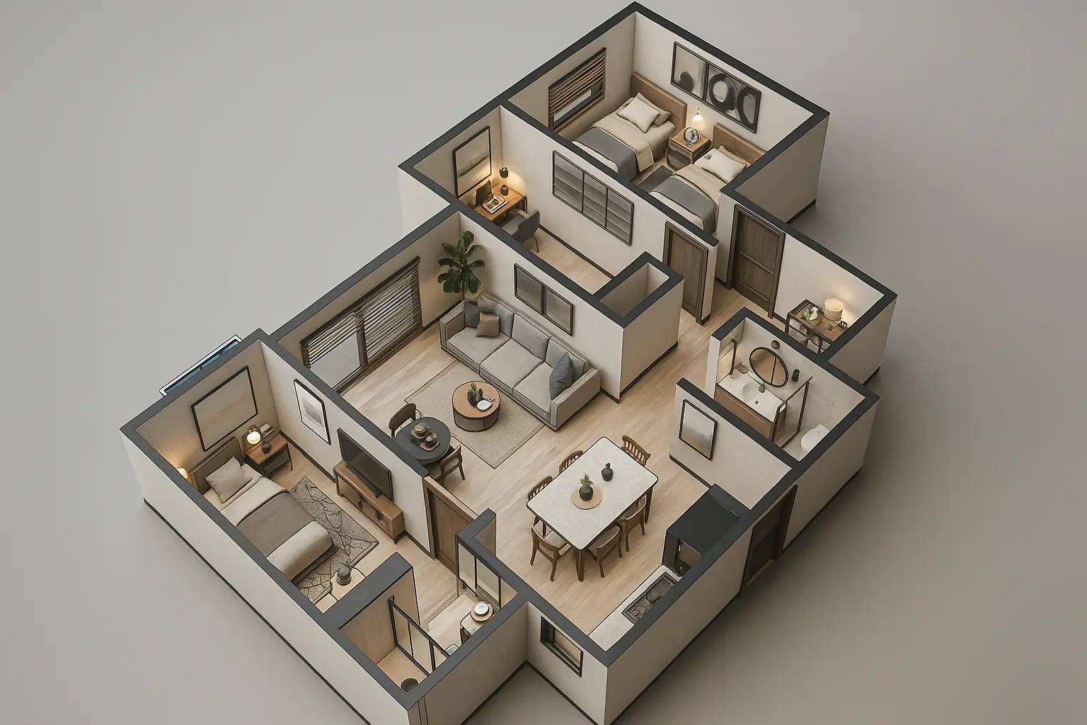 Visualización axonométrica de la distribución diseñada para el Apartamento Liliana