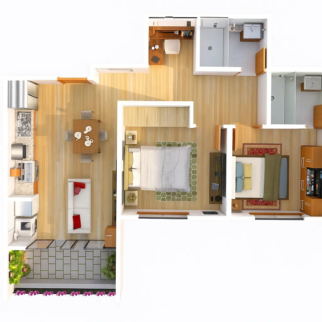 Vista superior visualizada del amoblamiento y la distribución del Apartamento Flor