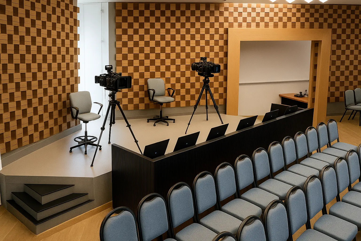 Visualización digital de la tarima y el área audiovisual del auditorio de IPUIC