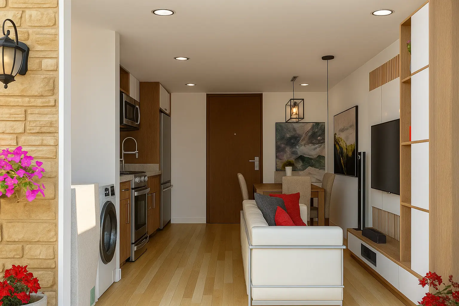 Visualización digital de la integración entre sala, comedor y cocina del Apartamento Flor
