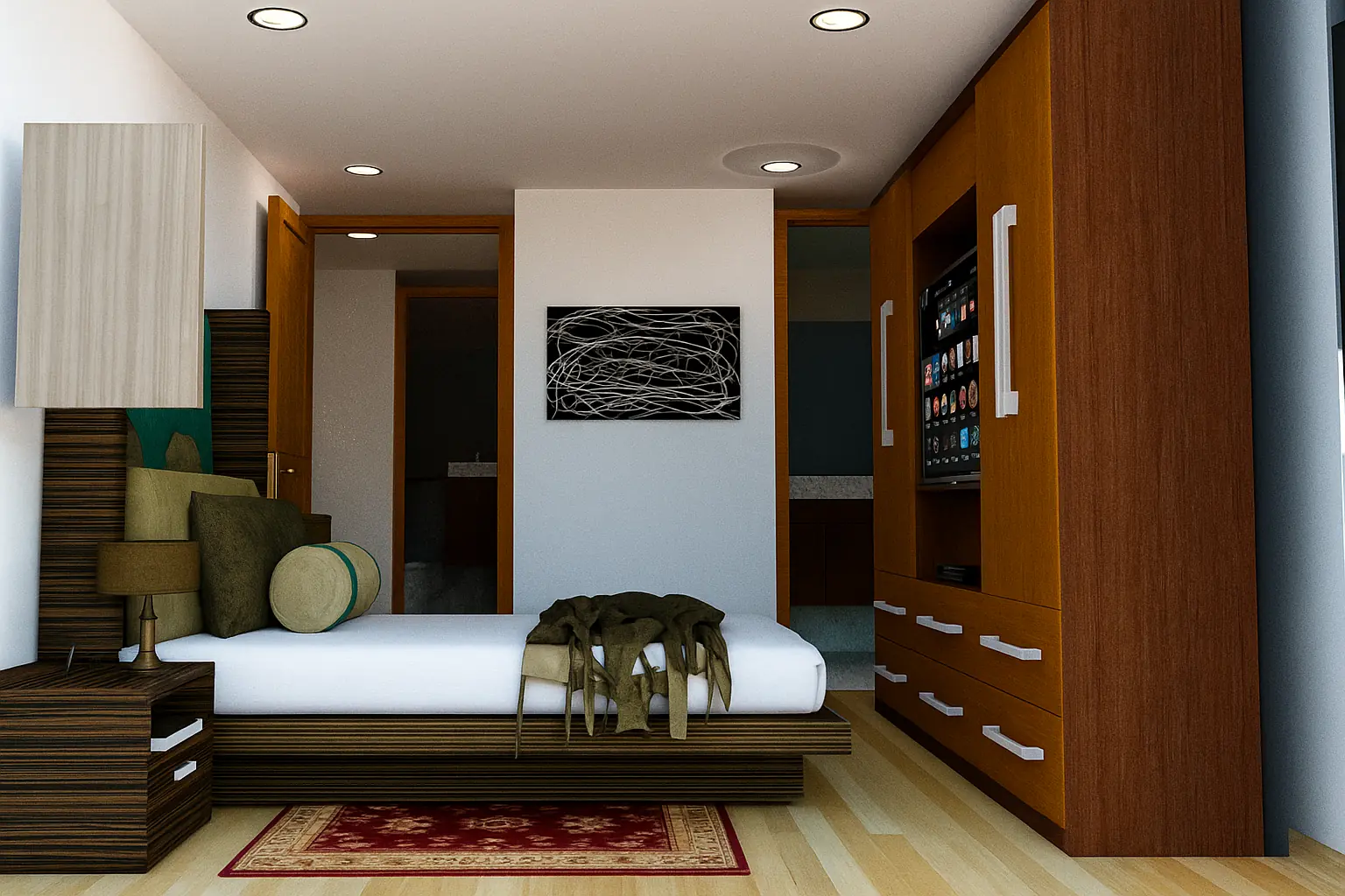 Visualización digital de la habitación principal del Apartamento Flor
