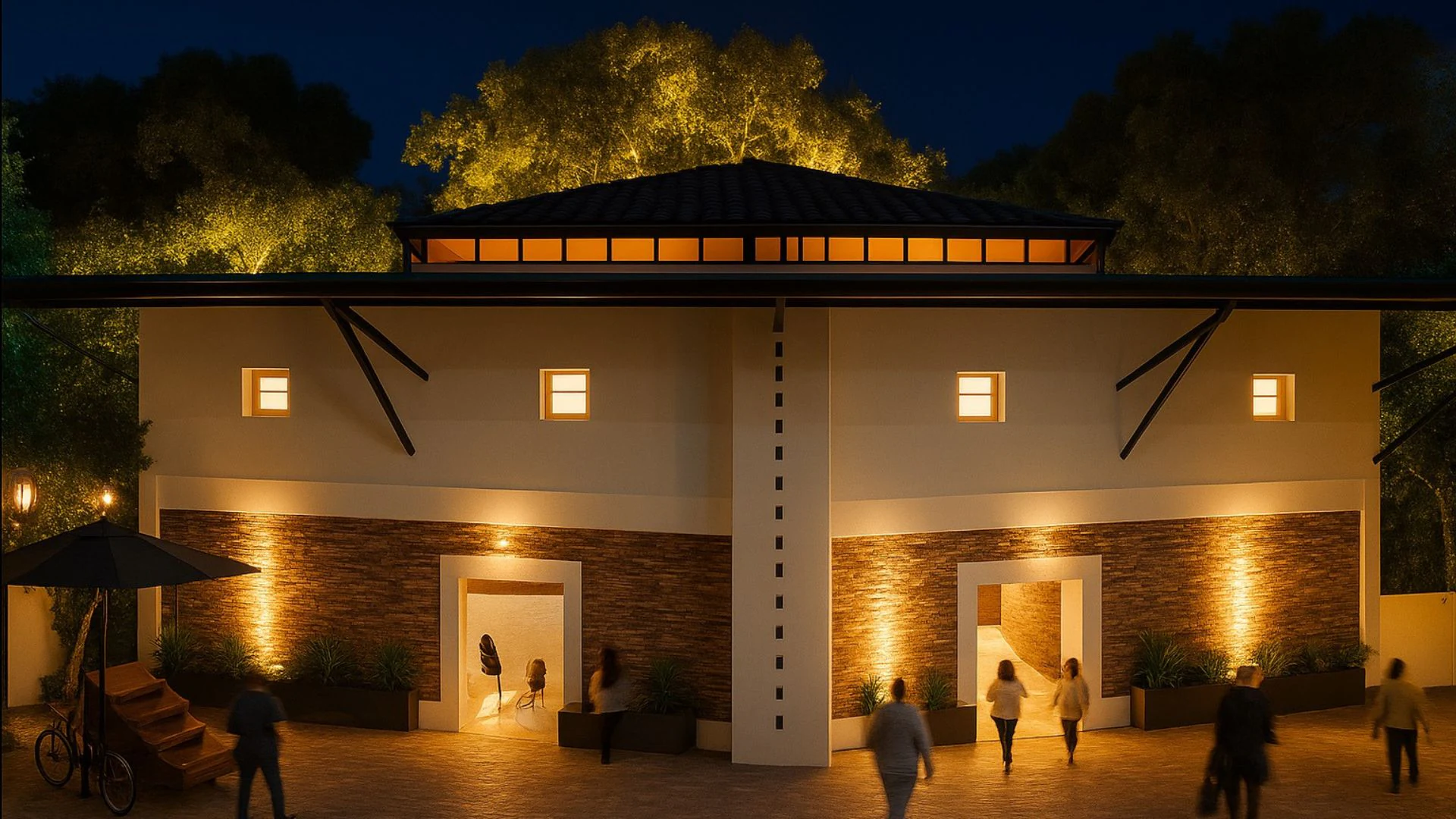 Fachada nocturna del proyecto IPUIC de ARQMA Studio en Chimichagua, Cesar