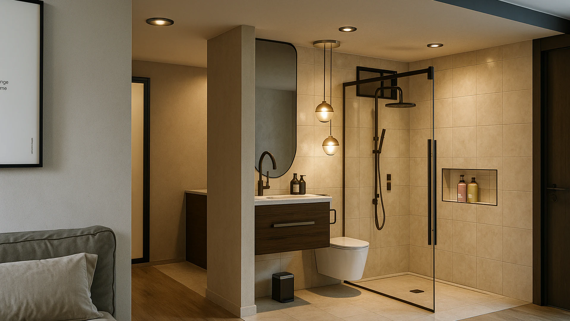 Visualización 3D del baño social del Apartamento Liliana, proyecto de interiorismo de ARQMA Studio