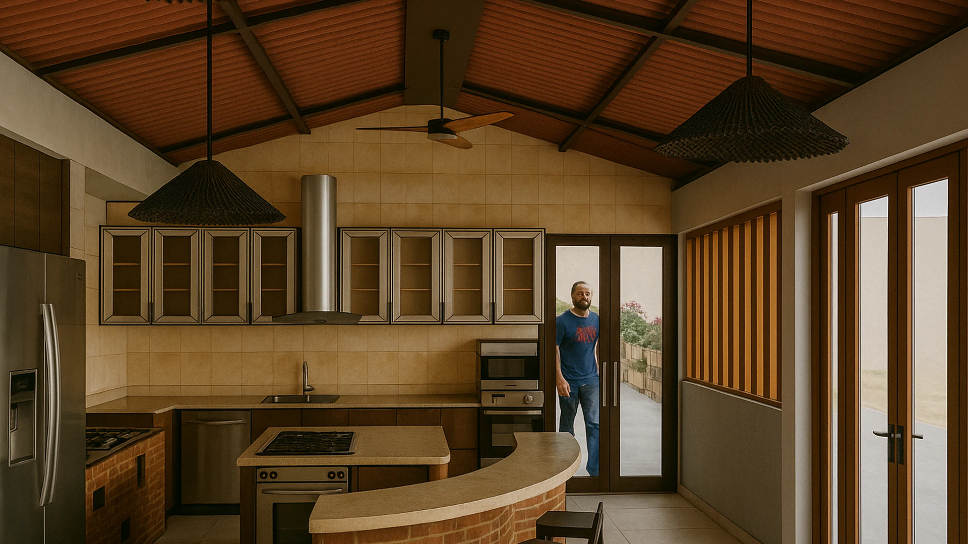 Visualización 3D de la cocina del proyecto Finca Curva en Chimichagua, Cesar